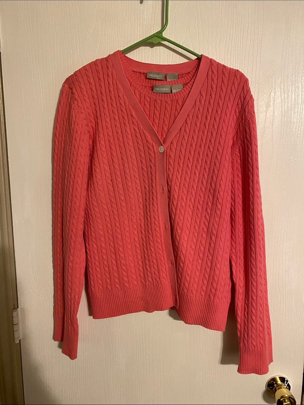 Field Gear Coral Cable-Knit V-Neck Button Cardigan Sweater Set